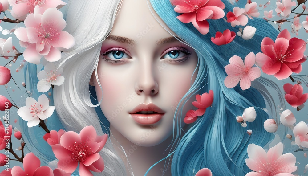 Closeup portrait of a woman with vibrant blue hair adorned with pink and white blossoms. Her makeup is soft pink, enhancing her striking blue eyes. The image is a digital artwork with a stylized flora Closeup portrait of a woman with vibrant blue hair adorned with pink and white blossoms. Her makeup is soft pink, enhancing her striking blue eyes. The image is a digital artwork with a stylized flora