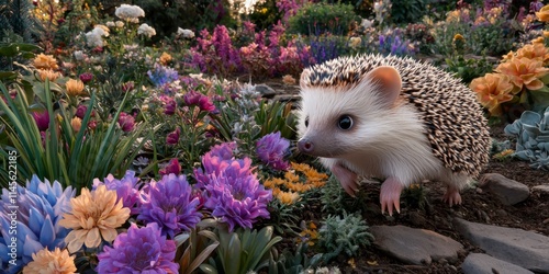 Adorable Hedgehog in Vibrant Flower Garden at Dusk