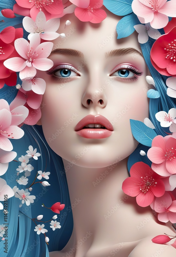 Closeup portrait of a woman with vibrant blue hair adorned with pink and white blossoms. Her makeup is soft pink, enhancing her striking blue eyes. The image is a digital artwork with a stylized flora Closeup portrait of a woman with vibrant blue hair adorned with pink and white blossoms. Her makeup is soft pink, enhancing her striking blue eyes. The image is a digital artwork with a stylized flora