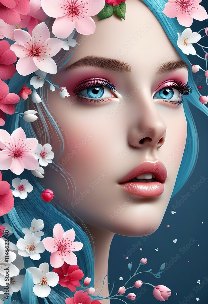 Closeup portrait of a woman with vibrant blue hair adorned with pink and white blossoms. Her makeup is soft pink, enhancing her striking blue eyes. The image is a digital artwork with a stylized flora Closeup portrait of a woman with vibrant blue hair adorned with pink and white blossoms. Her makeup is soft pink, enhancing her striking blue eyes. The image is a digital artwork with a stylized flora