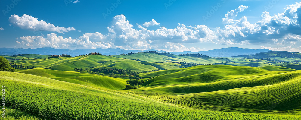 Fototapeta premium Wide green rolling hills and blue sky