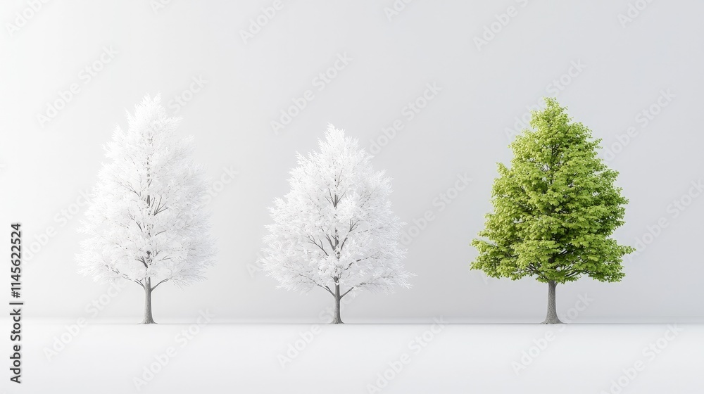 Fototapeta premium Three minimalist trees stand in a row against a white background, featuring two white winter trees and one vibrant green summer tree symbolizing change or standing out.