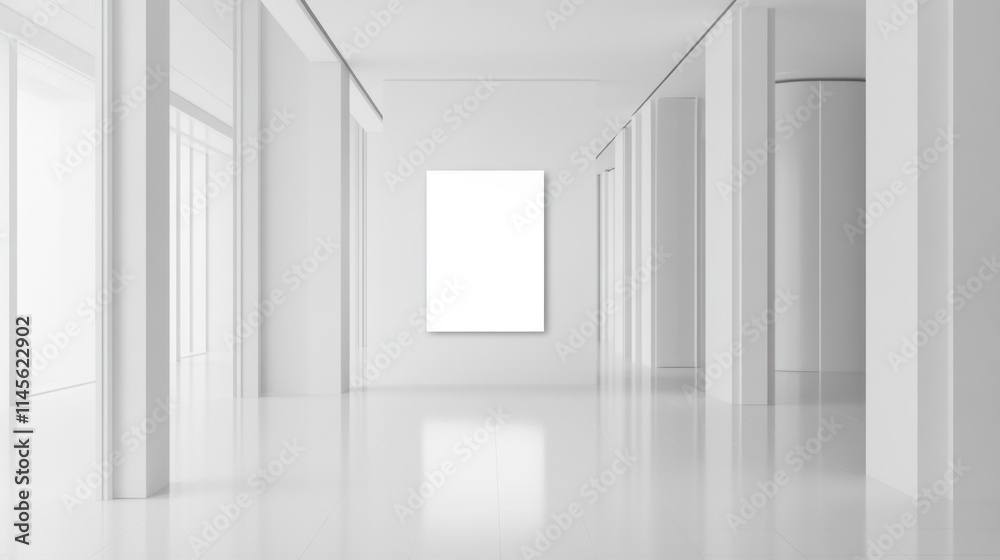 Modern Minimalist White Hallway with Blank Canvas: A Clean and Pristine Interior Design Concept. Modern Minimalist White Hallway with Blank Canvas: A Clean and Pristine Interior Design Concept.