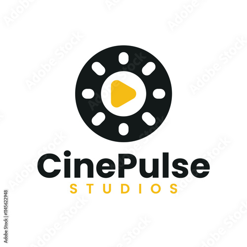 Film Reel with Play Button in Black and Yellow Logo Design