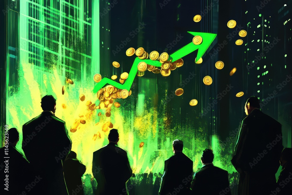 A chaotic stock market crash scene with businessmen watching as gold coins fall from a descending green arrow, indicating a sudden economic downturn and recession. A chaotic stock market crash scene with businessmen watching as gold coins fall from a descending green arrow, indicating a sudden economic downturn and recession.