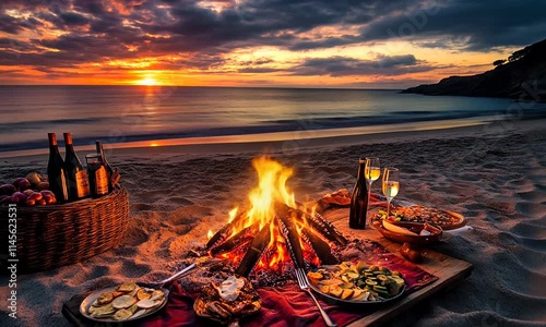 Romantic Beach Bonfire with Wine, Food, and Sunset photo