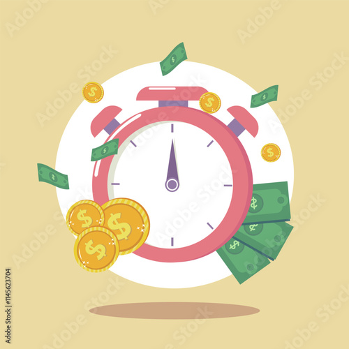 time is money element clock paper money and coins vector illustration