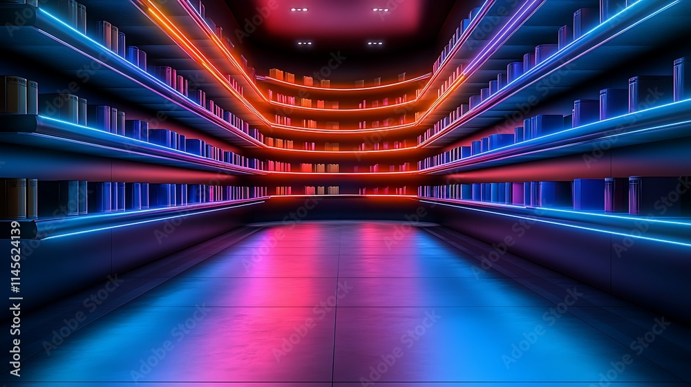 Neon-lit shelves filled with colorful boxes in a dark room. Neon-lit shelves filled with colorful boxes in a dark room.