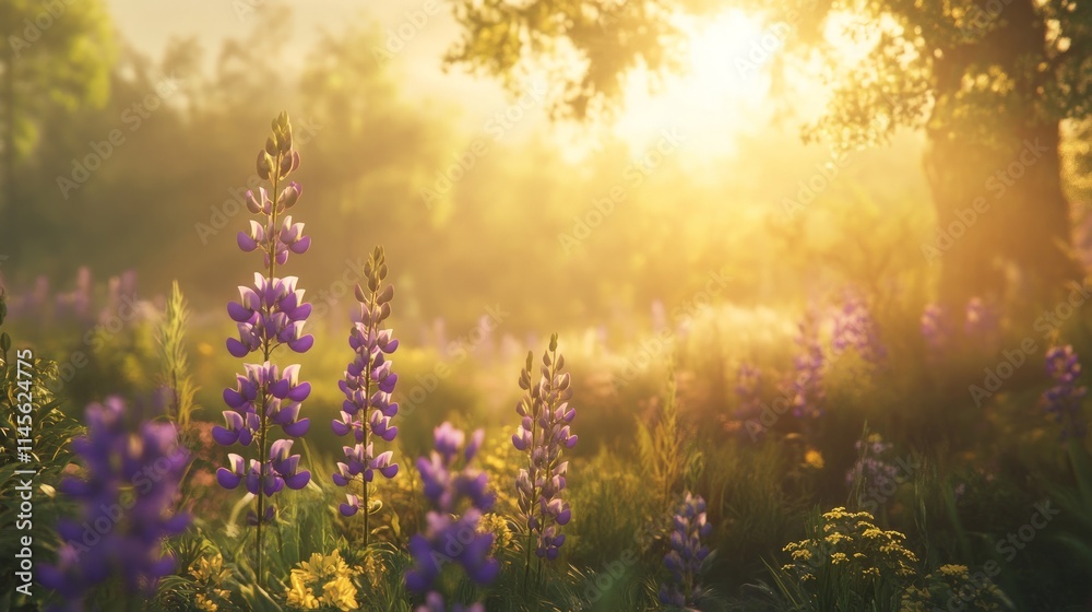 Serene Wildflower Meadow at Sunrise with Soft Glowing Light Serene Wildflower Meadow at Sunrise with Soft Glowing Light