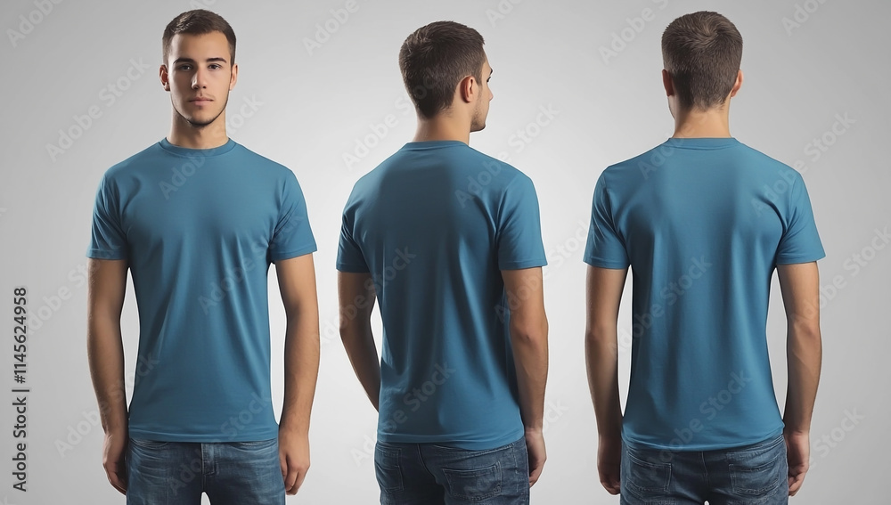 Obraz premium Front and back view of blue t-shirt mockup on a man isolated on gray background.