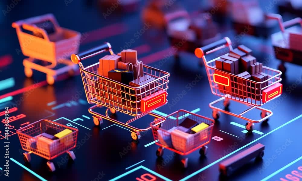 Online Shopping Carts Filled with Packages in Neon Lighting