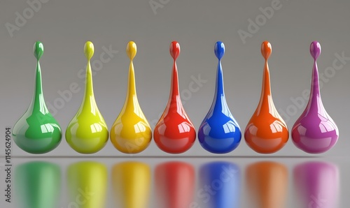 Colorful paint drops in a row reflecting on a surface.