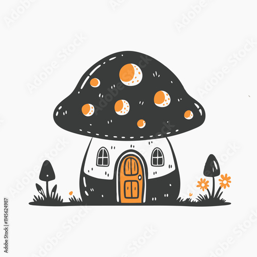 mushroom house in garden illustration
