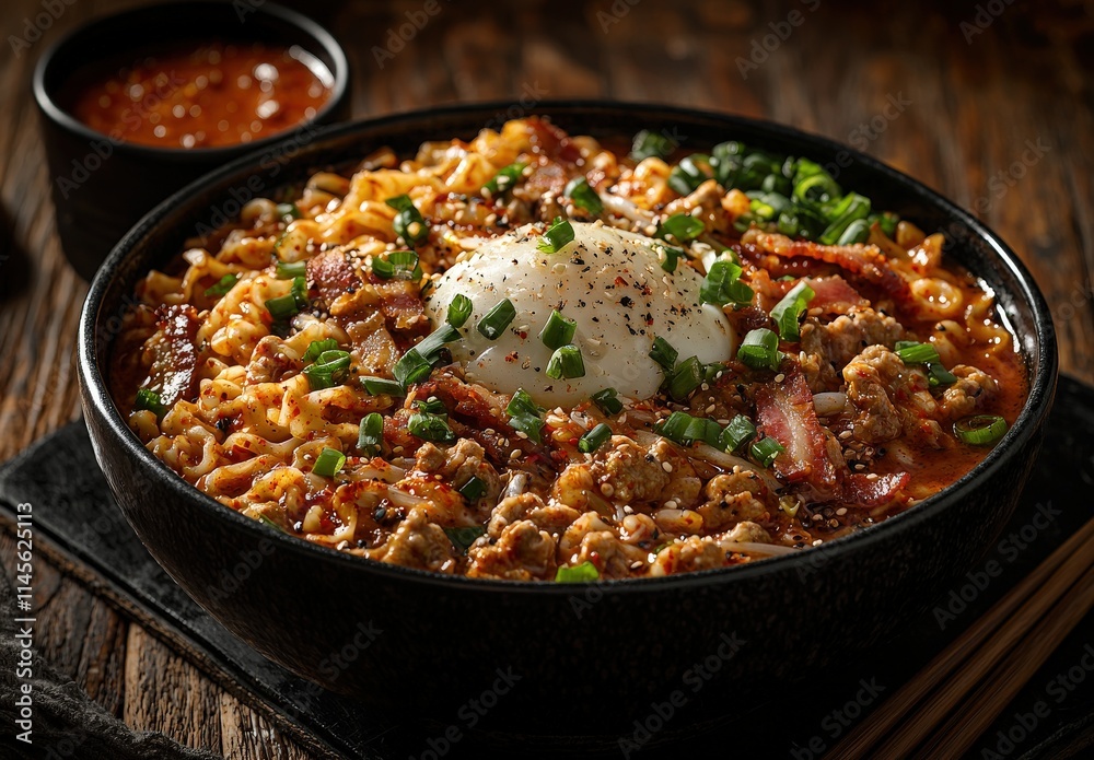 Delicious spicy ramen noodle bowl with bacon, ground pork, soft boiled egg, and green onions. Perfect for food blogs and recipe websites. Delicious spicy ramen noodle bowl with bacon, ground pork, soft boiled egg, and green onions. Perfect for food blogs and recipe websites.