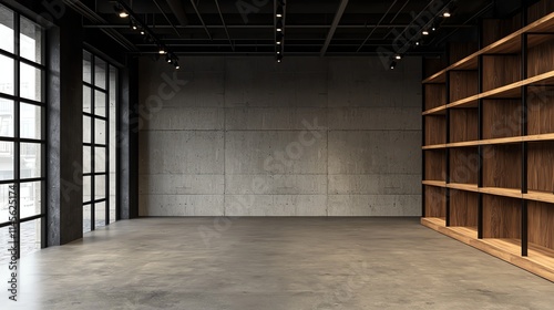 A spacious, modern interior featuring a concrete wall, large windows, and a wooden shelving unit, creating a minimalist aesthetic.