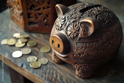 A classic wooden piggy bank with intricate carvings, placed on a rustic wooden table with vintage coins scattered around photo