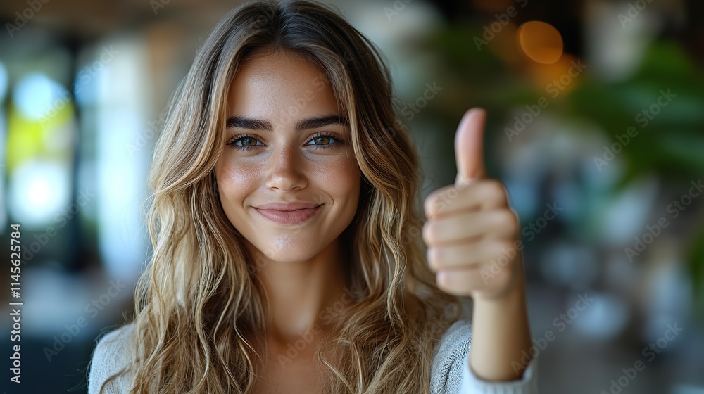 A businesswoman giving a thumbs up represents leadership, agreement, success, and support with her team in the workplace. A businesswoman giving a thumbs up represents leadership, agreement, success, and support with her team in the workplace.