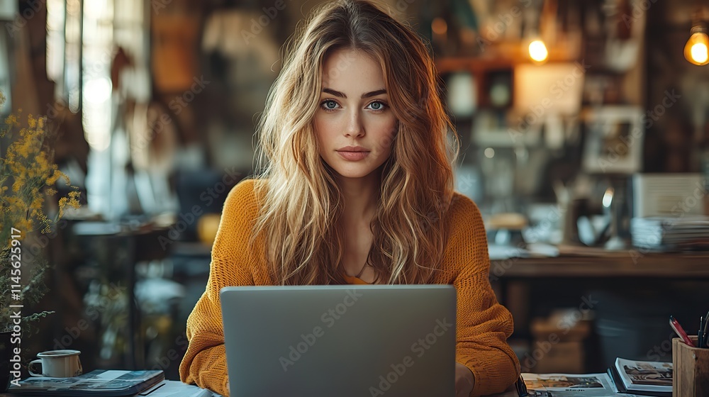 A businesswoman is typing on her laptop in a creative office, planning content for a magazine as an online editor in a coworking space. A businesswoman is typing on her laptop in a creative office, planning content for a magazine as an online editor in a coworking space.