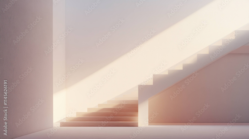 minimal mid century interior design featuring modern staircase with sleek railings and wooden steps, illuminated by soft light minimal mid century interior design featuring modern staircase with sleek railings and wooden steps, illuminated by soft light