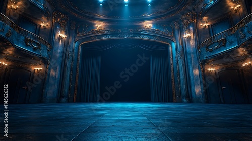 Grand, opulent theater stage with dark blue lighting, ornate details, and closed curtains.