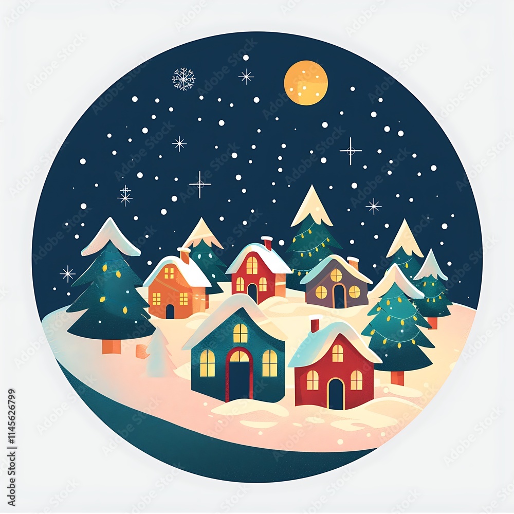 Fototapeta premium Flat design artwork of a festive winter village with small houses adorned with Christmas lights, under a starlit sky. 8k UHD, suitable for high-quality printing or digital display. 