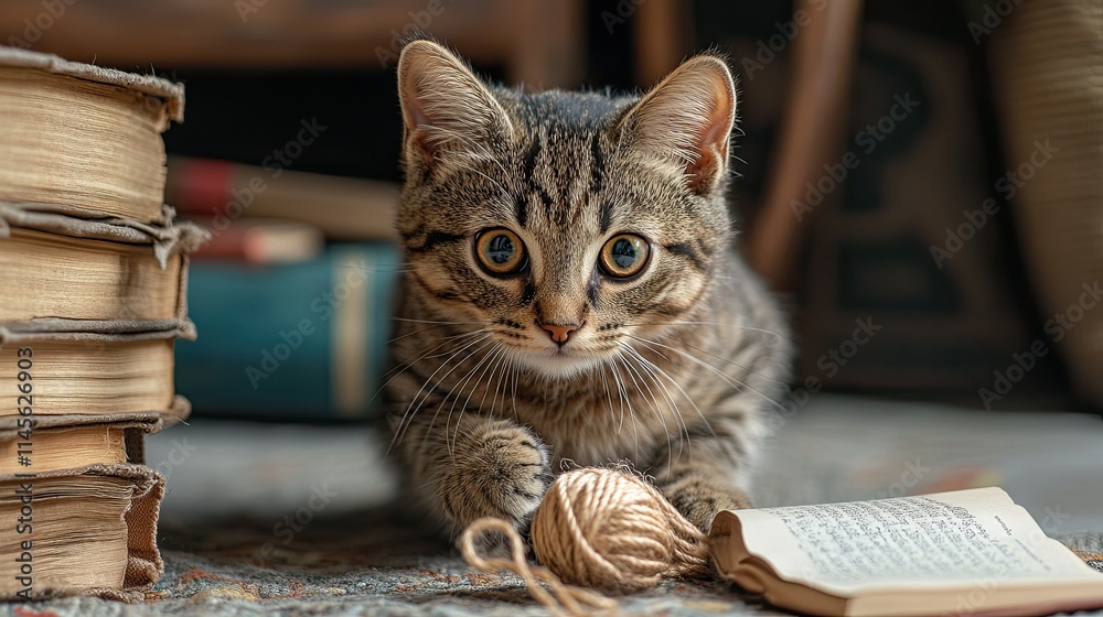 a cat curiously playing with a dangling string next to a stack of open books. a cat curiously playing with a dangling string next to a stack of open books.