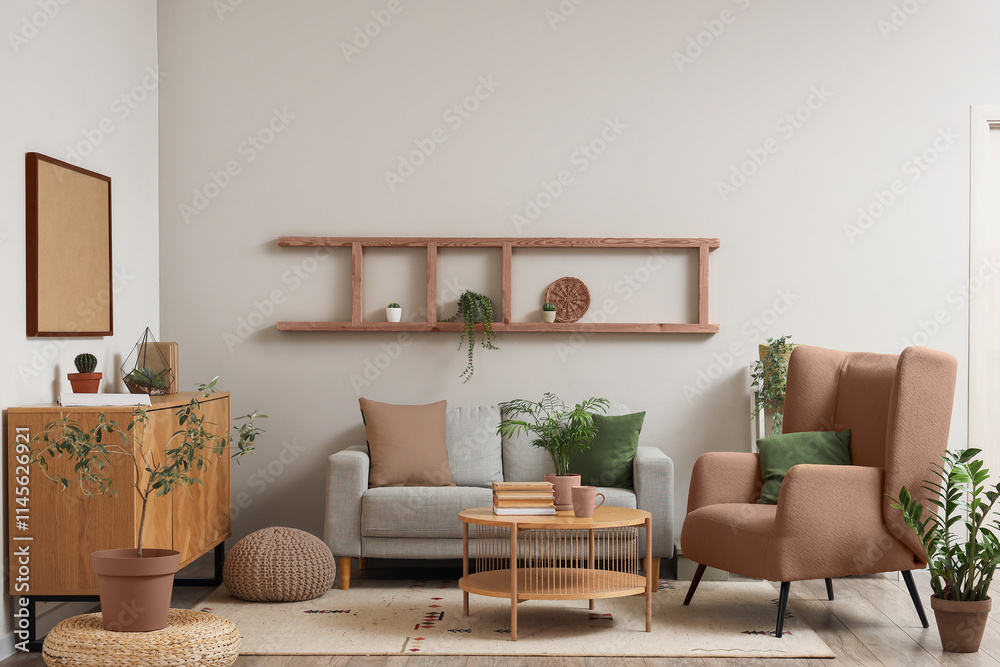 © Pixel-Shot - Light living room with brown armchair, cozy sofa, coffee table and chest of drawers © Pixel-Shot - Light living room with brown armchair, cozy sofa, coffee table and chest of drawers
