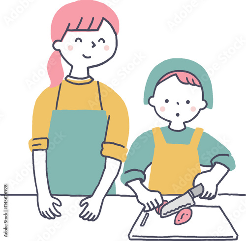 料理をする子供とお母さん