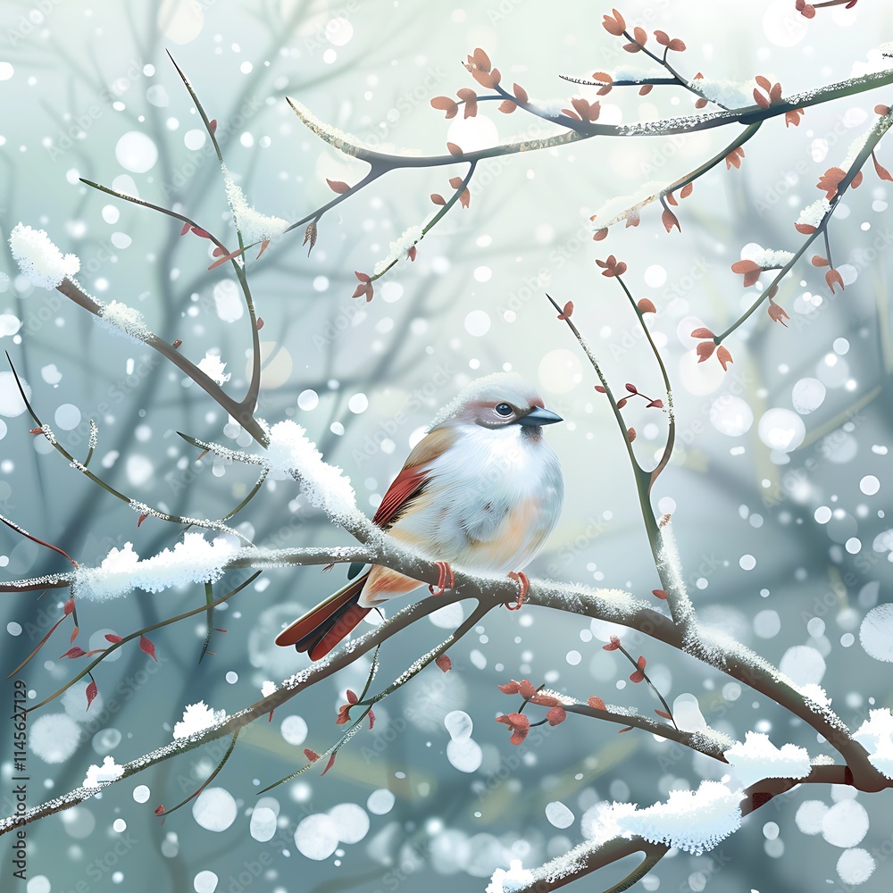 Illustration of a winter bird perched on a frosted tree branch, with a blurred snowy background in a flat design style. 8k UHD, suitable for high-quality printing or digital display. Illustration of a winter bird perched on a frosted tree branch, with a blurred snowy background in a flat design style. 8k UHD, suitable for high-quality printing or digital display.