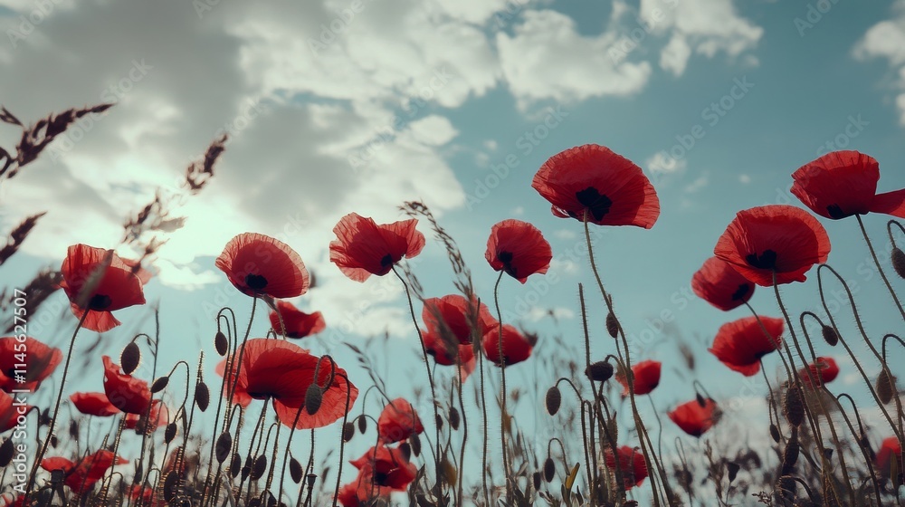 Obraz premium A cluster of red poppies in a meadow under a partly cloudy sky, low-angle shot, Dynamic style
