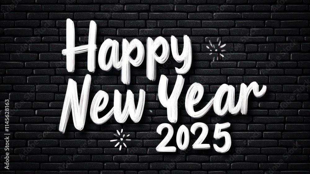 Obraz premium Happy New Year 2025 white text on black brick wall.