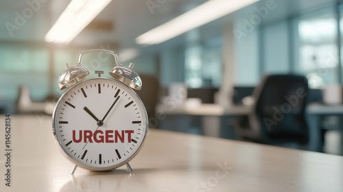 Silver alarm clock with urgent red text on face sitting on a desk in a modern office setting photo