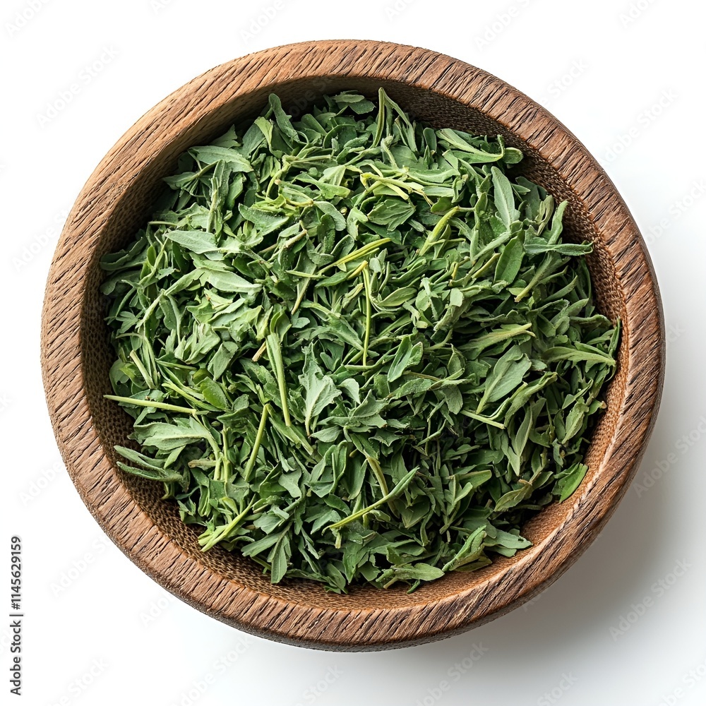Top view of wormwood in a small wooden bowl isolated on a white transparent background Top view of wormwood in a small wooden bowl isolated on a white transparent background