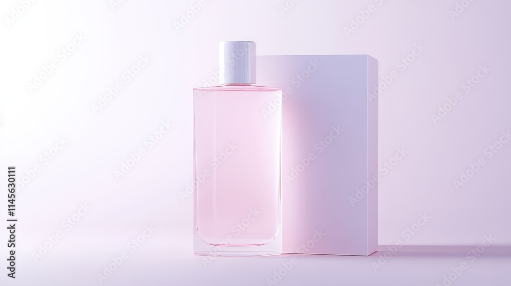 A bottle of perfume is displayed next to a white box A bottle of perfume is displayed next to a white box