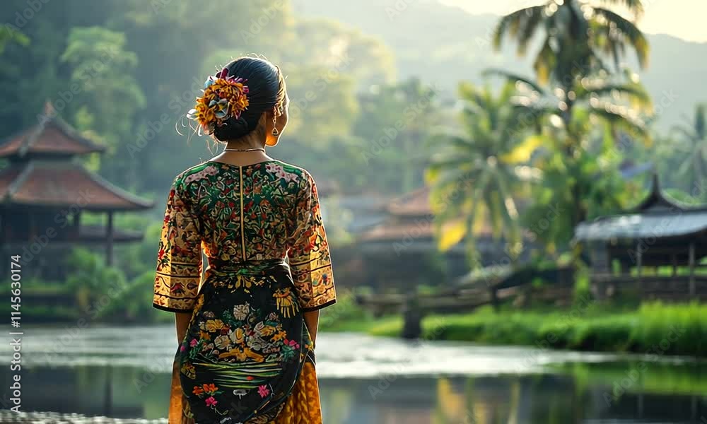 Woman in Traditional Clothing Contemplates Serene Asian Landscape
