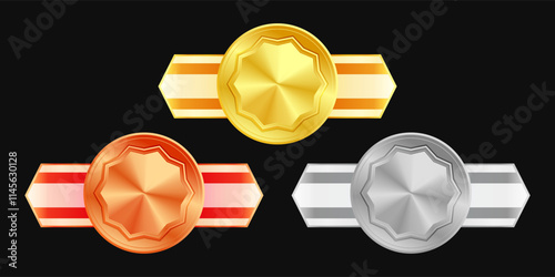 Shiny gold, silver, and bronze award medals with colorful ribbons. Medal of winners and achievements