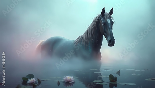 “Kelpie in a Misty Lake” – A mysterious kelpie with a shimmering, horse-like body partially submerged in a mist-covered lake, its glowing eyes visible through the fog.
