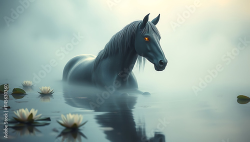 “Kelpie in a Misty Lake” – A mysterious kelpie with a shimmering, horse-like body partially submerged in a mist-covered lake, its glowing eyes visible through the fog.
