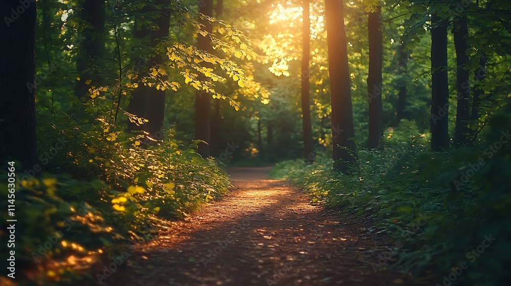 Fototapeta premium Sunlit Path Through A Lush Green Forest