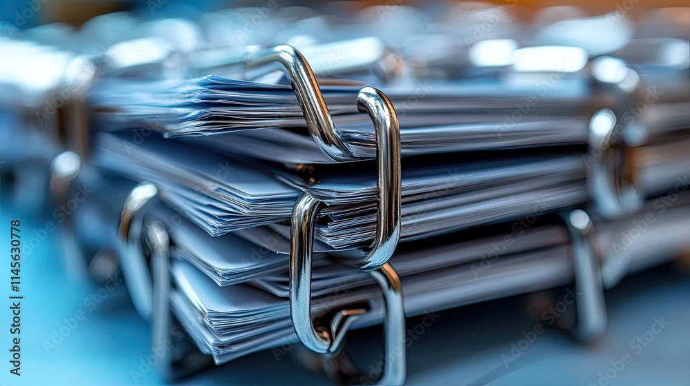 a paperclip chain running through every hole punch on a stack of papers. a paperclip chain running through every hole punch on a stack of papers.