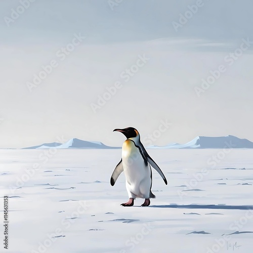 A minimalist view of a penguin walking across a snowy plain, with faint mountain outlines in the distance. photo