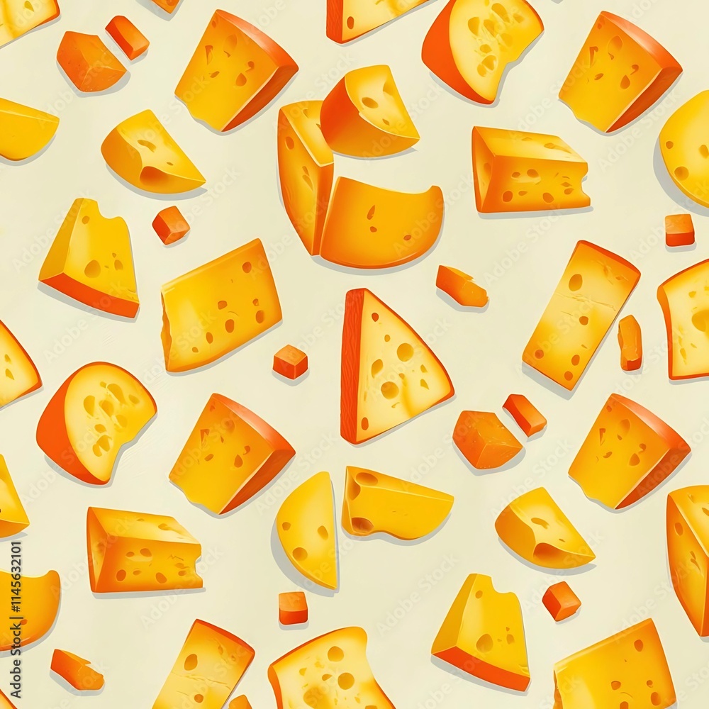 A repeating pattern of cheese slices, cubes, and wedges in bright yellow and orange hues, on a pale background. A repeating pattern of cheese slices, cubes, and wedges in bright yellow and orange hues, on a pale background.