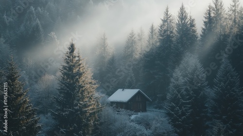 Cozy Snow Covered Cabin Amidst Majestic Tall Pine Trees