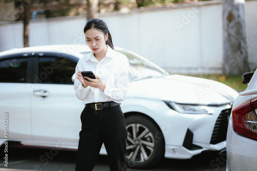 Asian woman calls insurance company for help after car accident