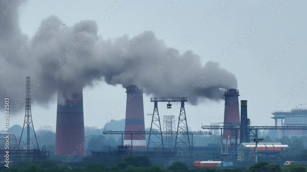 Industrial facility emits thick smoke into the atmosphere during overcast weather in a rural area