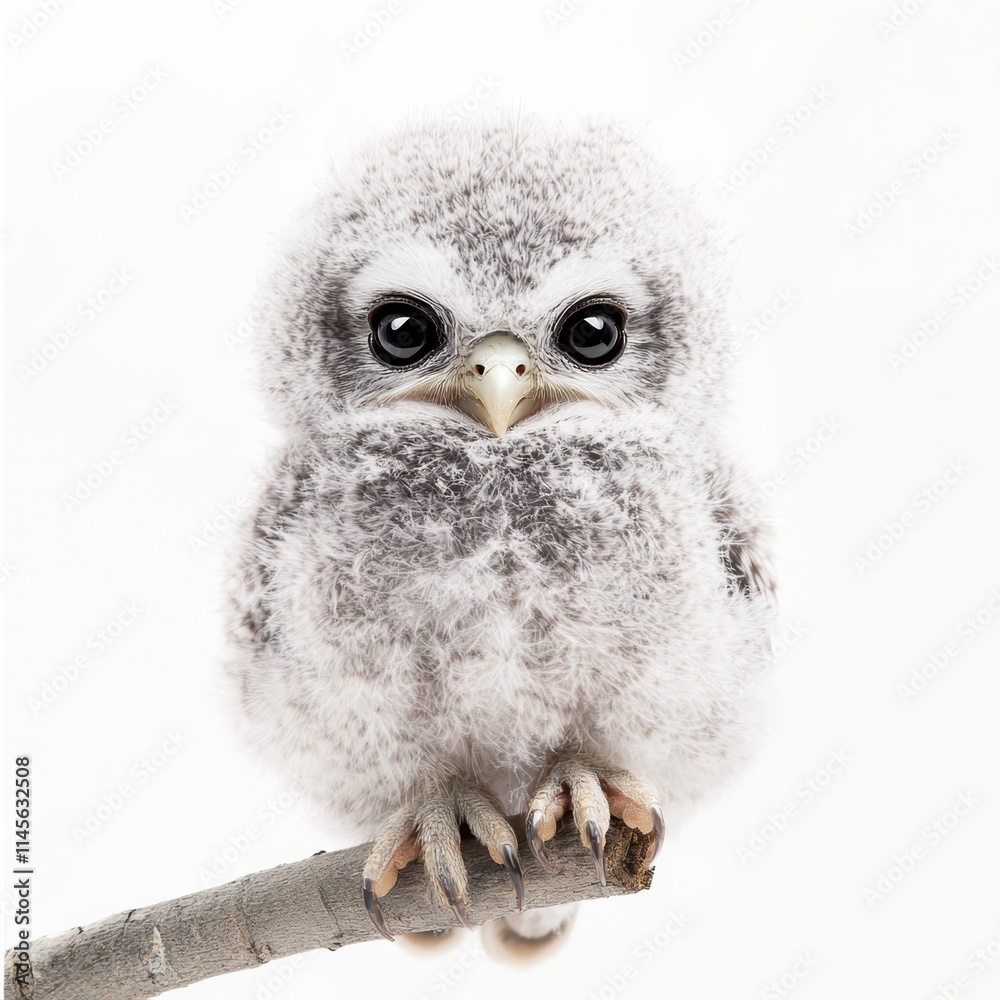 Fototapeta premium Cute baby owl perched on a branch close-up nature photography soft fluffy feathers high fidelity adorable wildlife