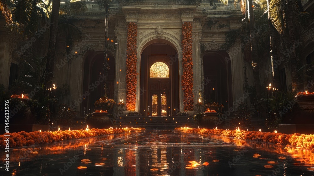Fototapeta premium Illuminated courtyard with marigold flowers and candles at night.
