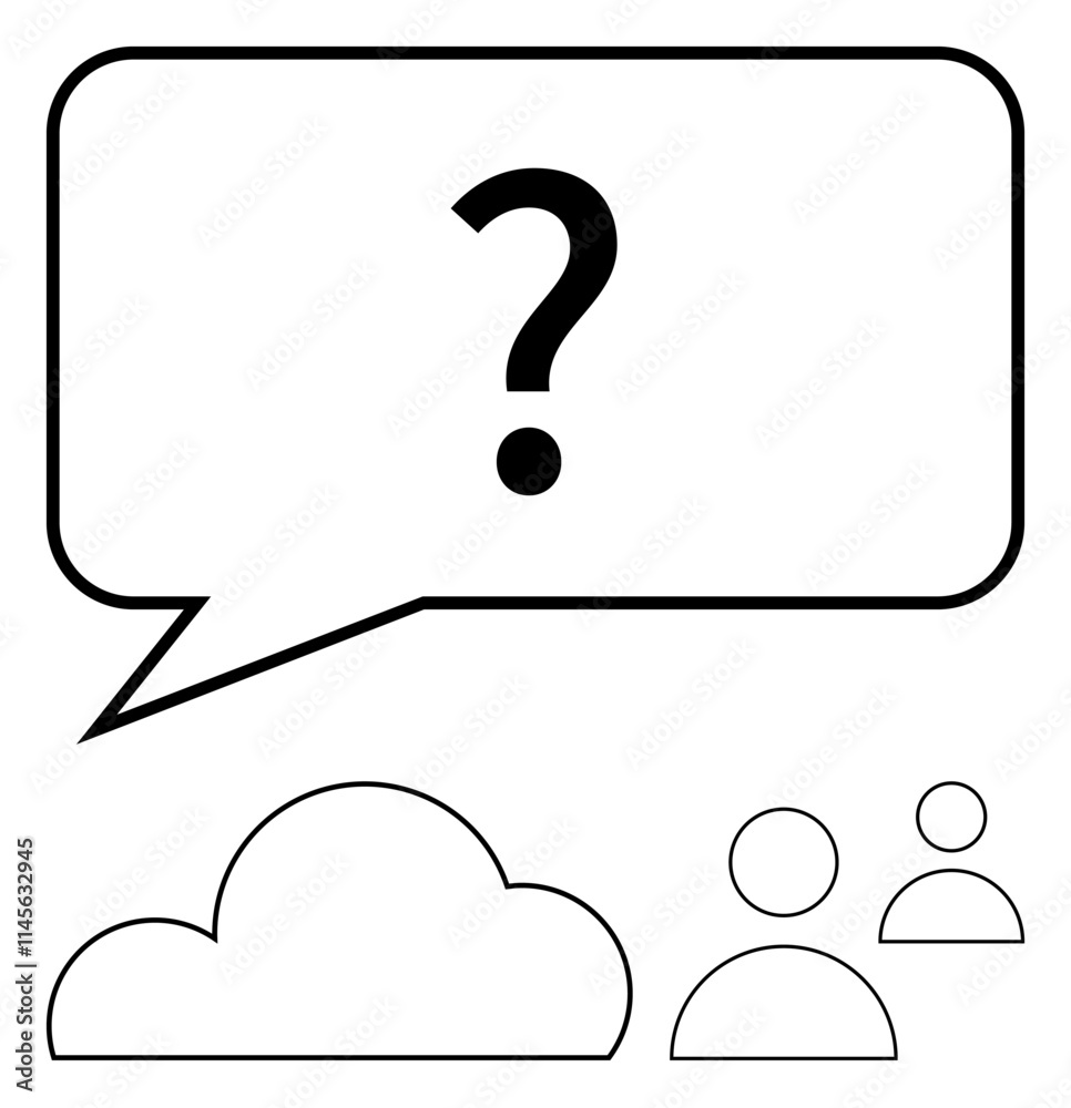 Large speech bubble with question mark, cloud, and two generic human figures. Ideal for communication, brainstorming, cloud computing, teamwork, online discussions queries customer support. Line Large speech bubble with question mark, cloud, and two generic human figures. Ideal for communication, brainstorming, cloud computing, teamwork, online discussions queries customer support. Line