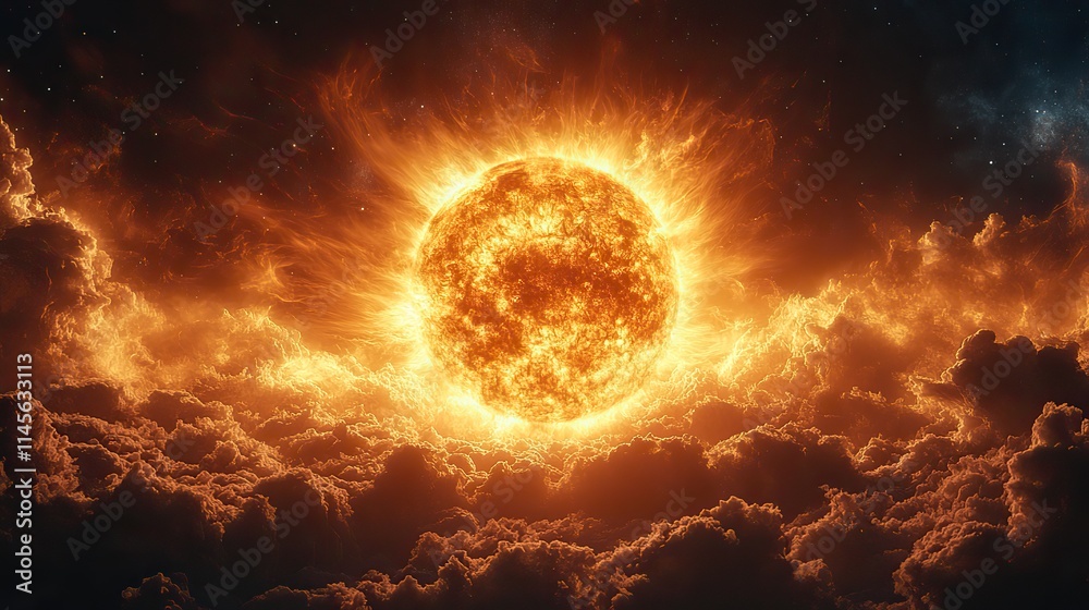 Obraz premium A fiery sun in space with a dark background evokes adventure, exploration, and the wonders of the universe, perfect for astrology and astronomy enthusiasts.