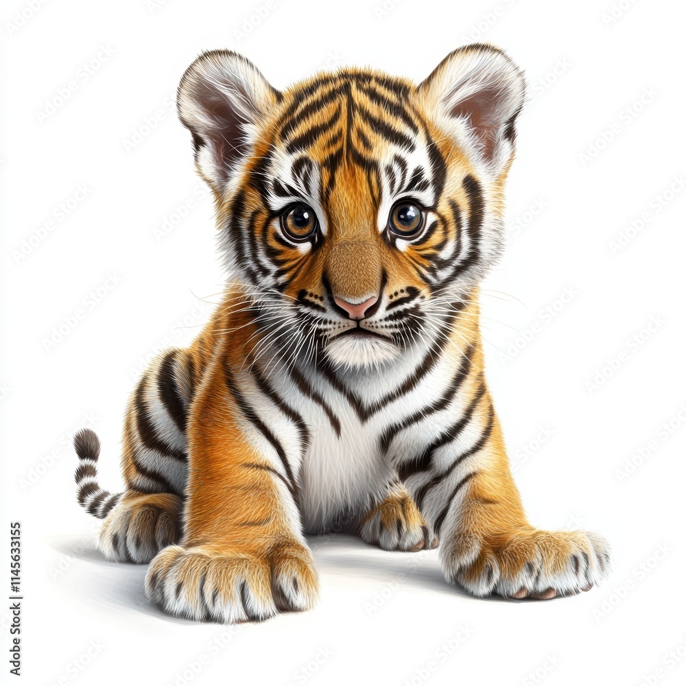 Obraz premium Playful baby tiger cub with wide eyes jungle habitat high fidelity image nature setting close-up view wildlife concept